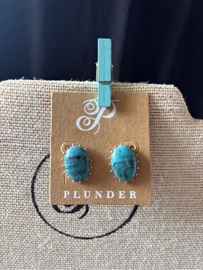 Plunder Teal Oval Stone Stud Earrings in Gold
